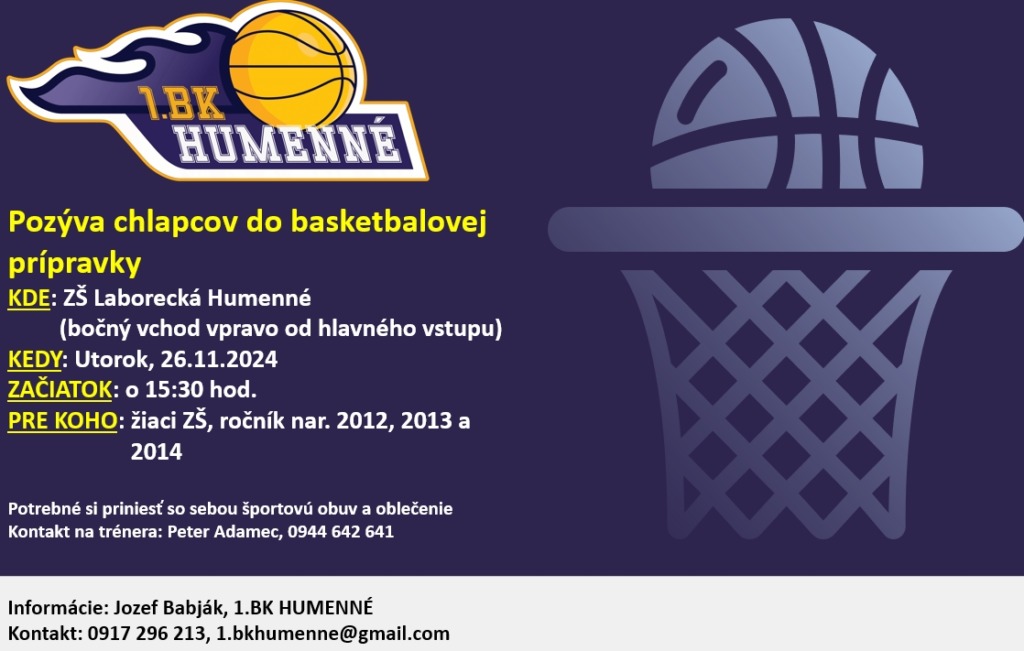 1. BK Humenné pozýva chlapcov do basketbalovej prípravky